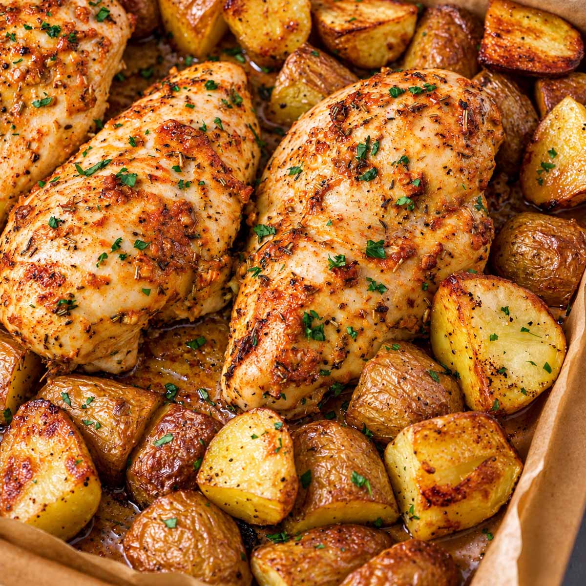 Juicy oven-baked chicken breasts surrounded by golden roasted potatoes with garlic and herbs.
