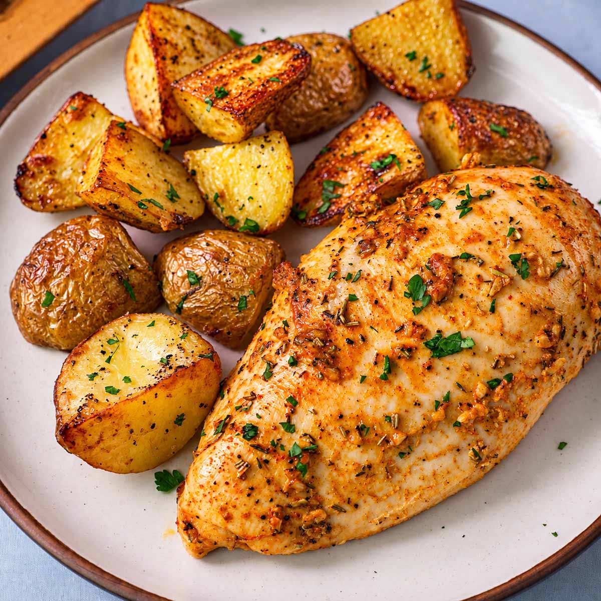Oven-roasted chicken breast served with crispy golden potatoes and fresh parsley on a ceramic plate.