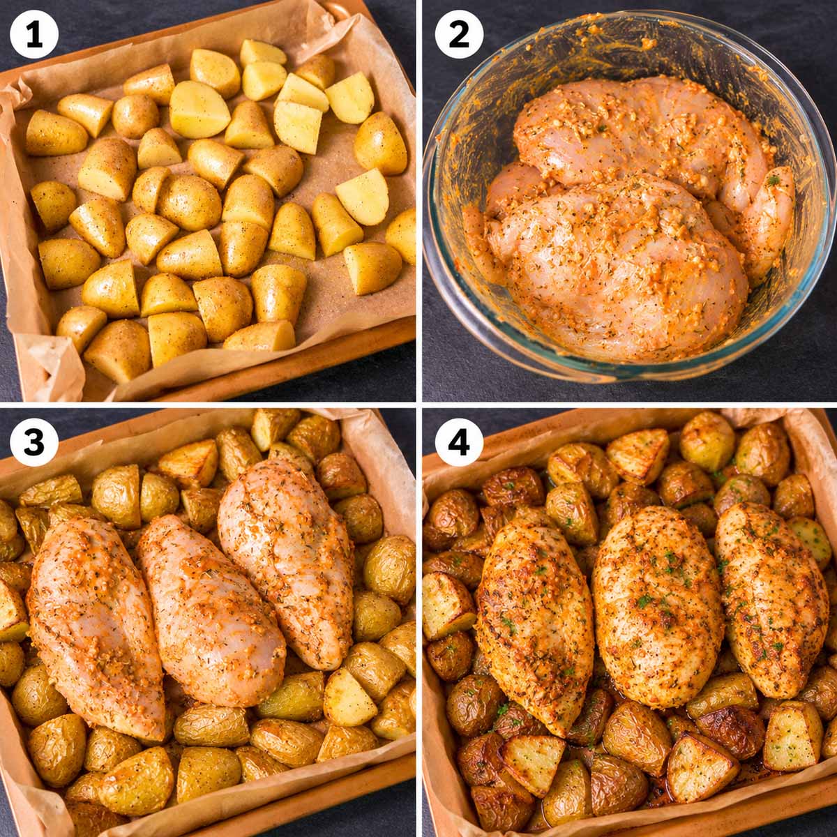 Four-step collage showing how to make one pan chicken breast and potatoes, from preparing the potatoes and seasoning the chicken to arranging and roasting everything on a baking tray.