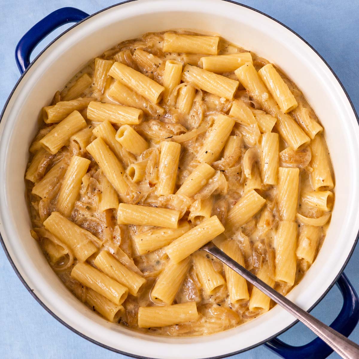 One pot French onion pasta with rigatoni and caramelized onions in a creamy cheese sauce