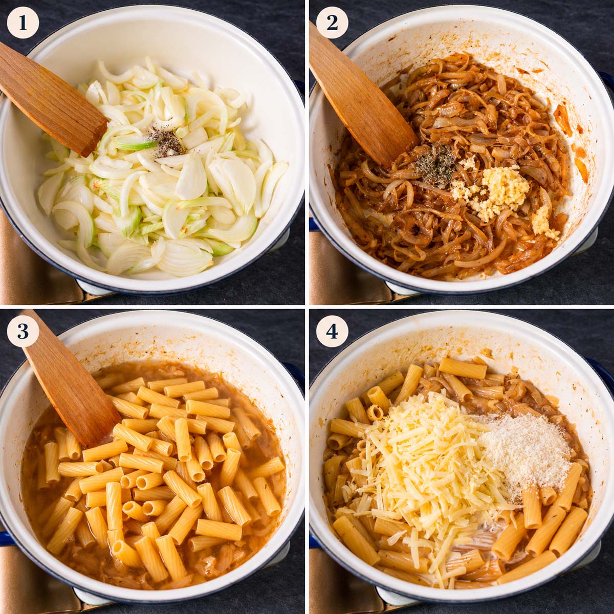 Four steps for making one pot French onion pasta with caramelized onions, rigatoni, broth and cheese
