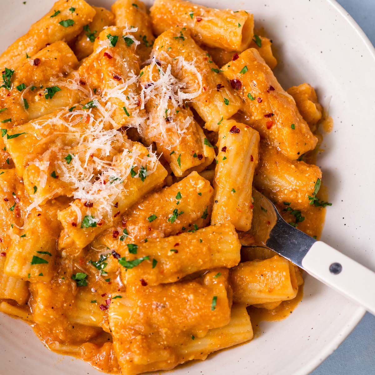 Rigatoni coated in a thick pumpkin sauce, topped with freshly grated Parmesan and parsley.
