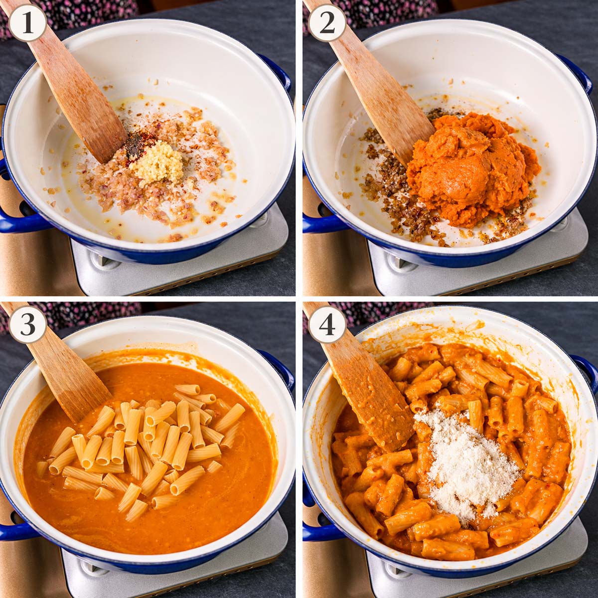 Four-step collage showing how to make one pot pumpkin pasta without cream, from sautéing shallot and garlic to adding pumpkin purée, cooking rigatoni, and stirring in Parmesan cheese.