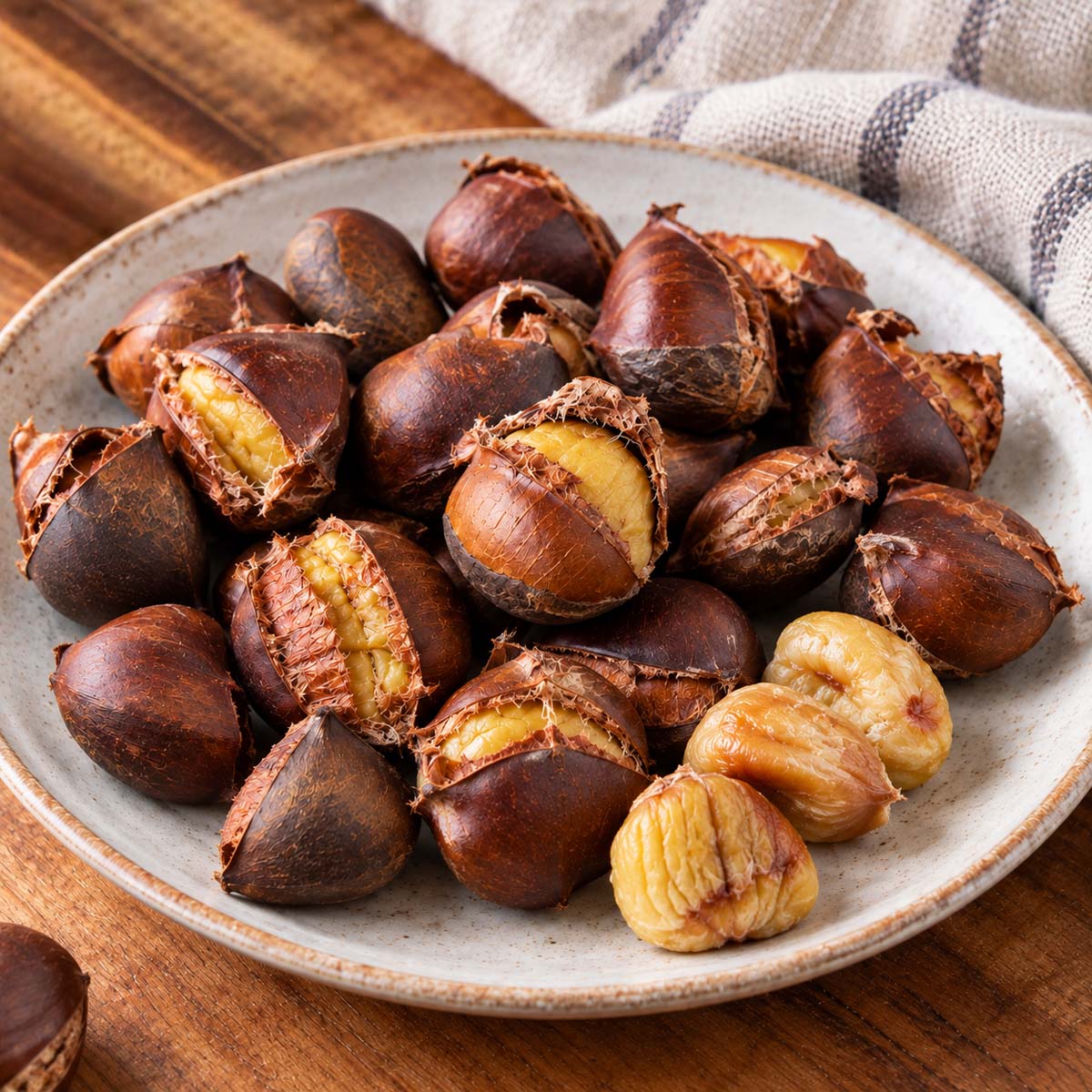 Roasted chestnuts on a rustic ceramic plate with a few peeled chestnuts in front