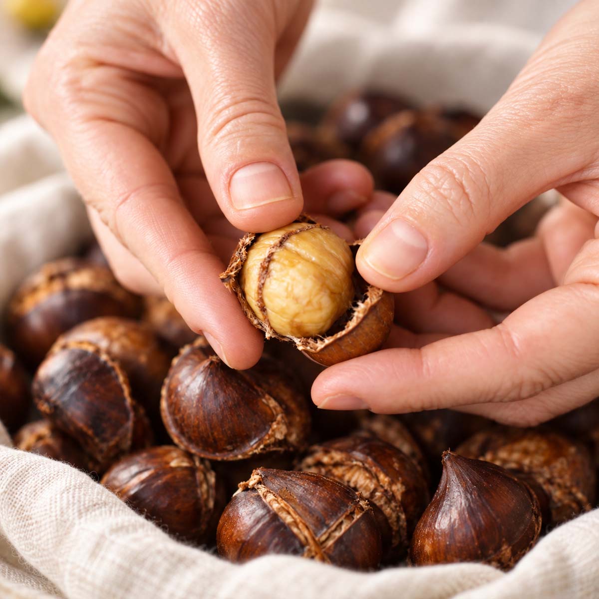 Hands peeling a warm roasted chestnut over a pile of roasted chestnuts