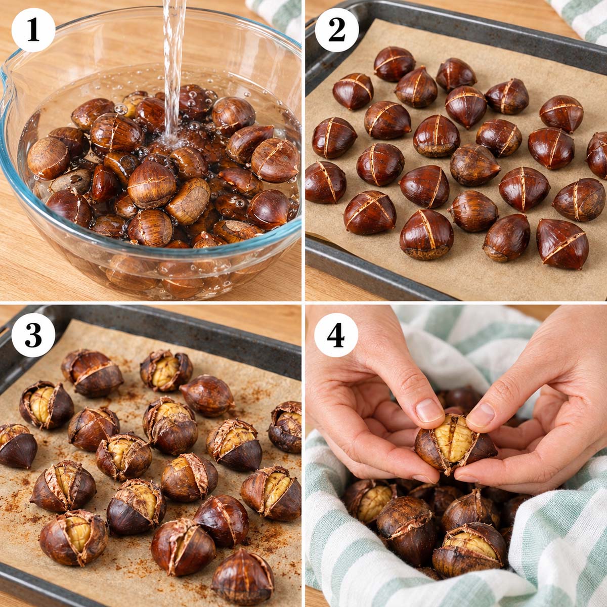 Four-step collage showing chestnuts soaking, arranged on a baking tray, roasted, and peeled