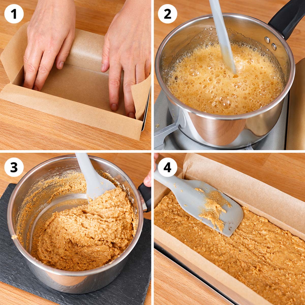 Four steps for making turrón de Jijona: lining the mold, cooking the syrup, stirring the almond mixture, and smoothing it into the mold.